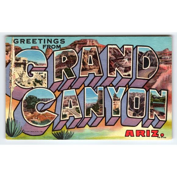 1940s Greetings From Grand Canyon Arizona Large Letter Linen Postcard Curt Teich - Picture 1 of 2